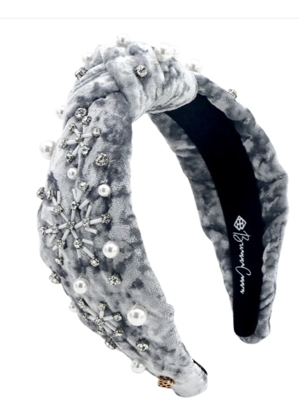 Brianna Cannon Silver Crushed Velvet Knot Headband Crystal Snowflakes Pearls